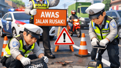 Satlantas Polres Situbondo Tambal Jalan Rusak Demi Keselamatan Pengguna Jalan