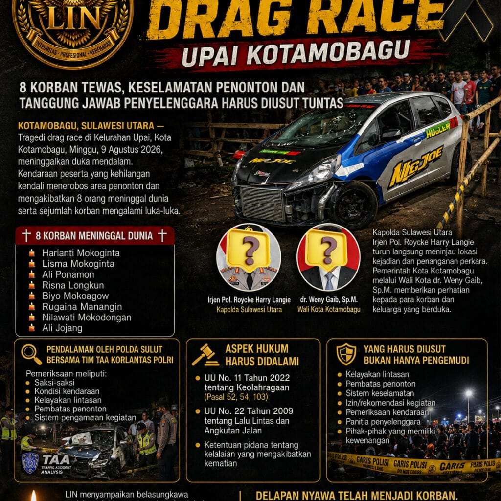 TRAGEDI DRAG RACE UPAI KOTAMOBAGU: 8 KORBAN TEWAS, ASPEK KESELAMATAN DAN TANGGUNG JAWAB PENYELENGGARA HARUS DIUSUT